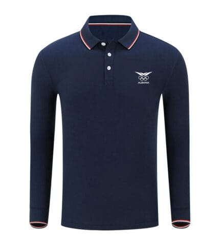 Combed Cotton Double Pique Striped Long Sleeve Collared Polo Shirt